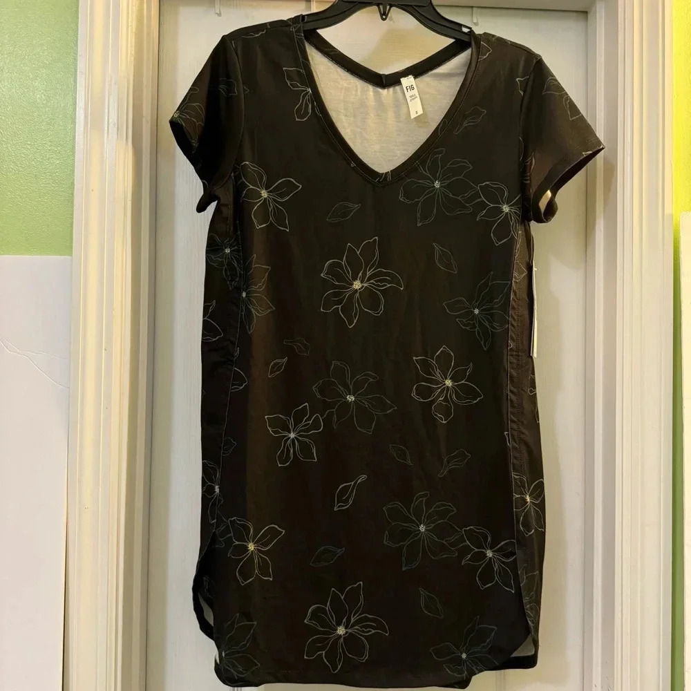 FIGS Lox Tunic Black Magnolia Floral Print Short Sleeve Shirt Dress Top